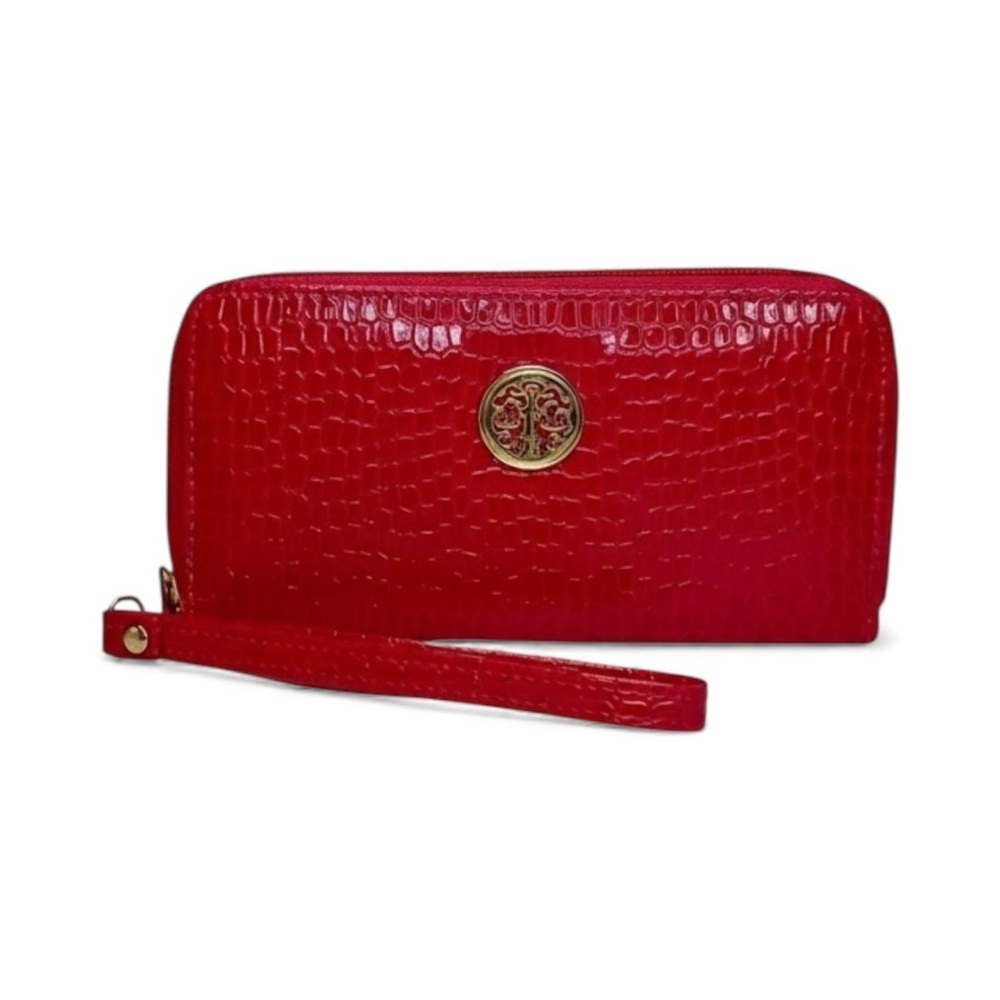 DESIGNER Luxury Pink Croc-Embossed Wristlet Wallet with Gold Emblem